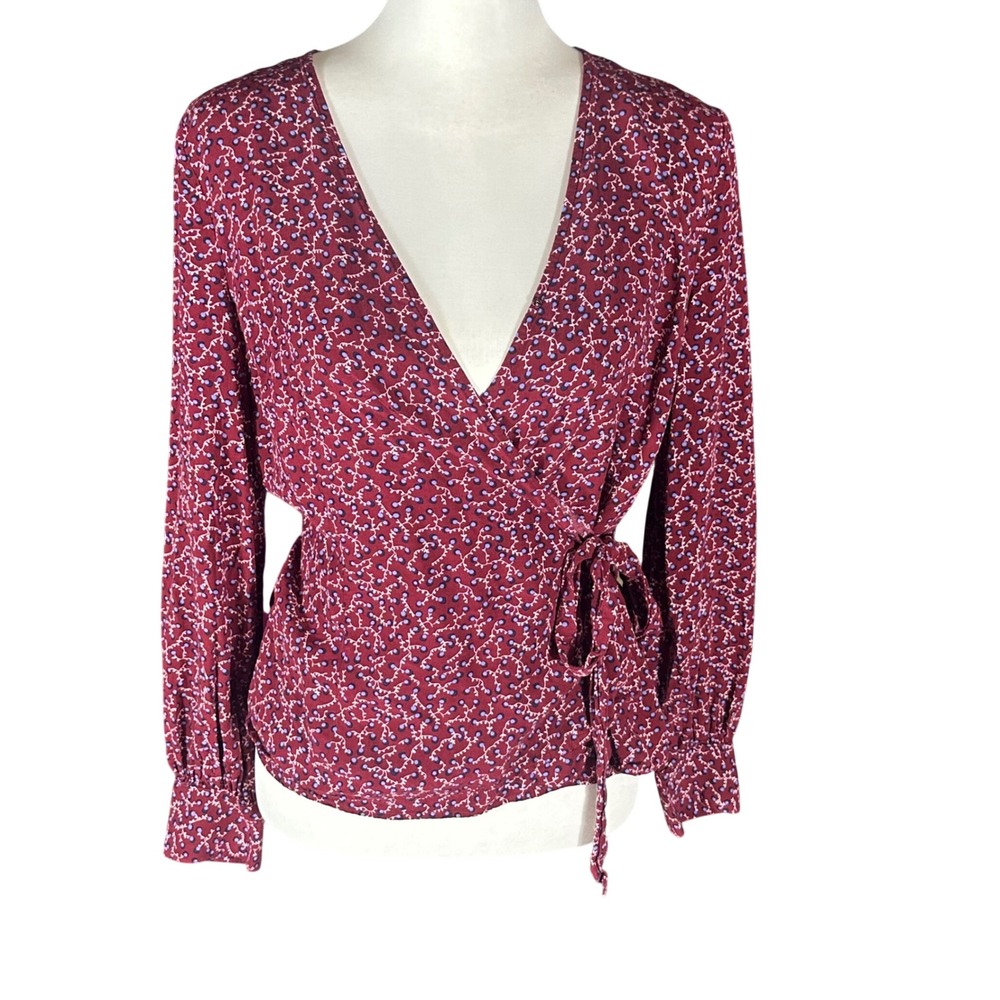 Talbots Wrap Top Women S Burgundy Floral Long Sleeve V-Neck Rayon